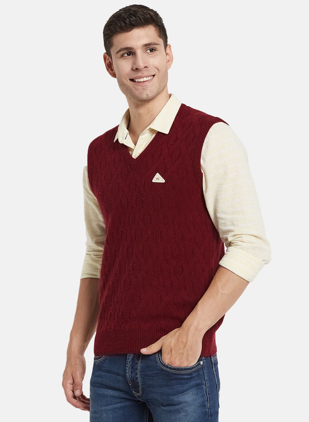 Men Maroon Self Design Sweater