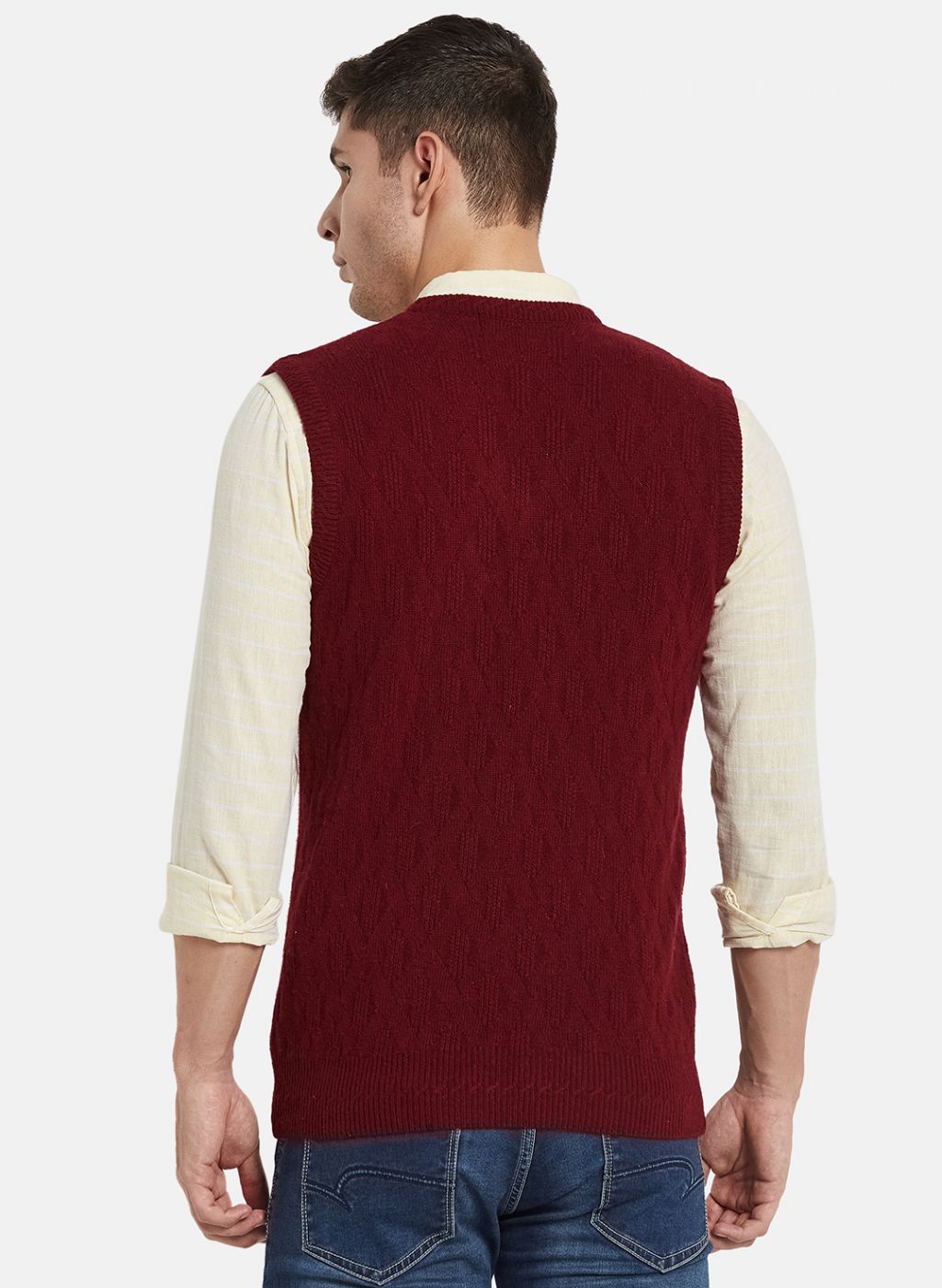 Men Maroon Self Design Sweater