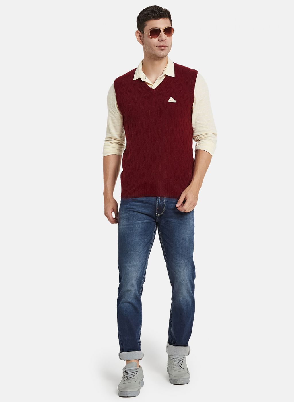 Men Maroon Self Design Sweater