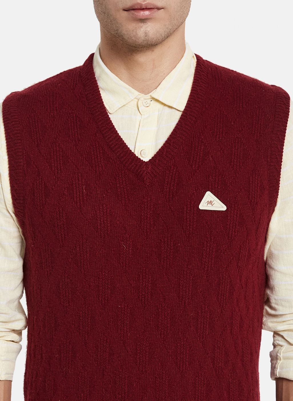 Men Maroon Self Design Sweater