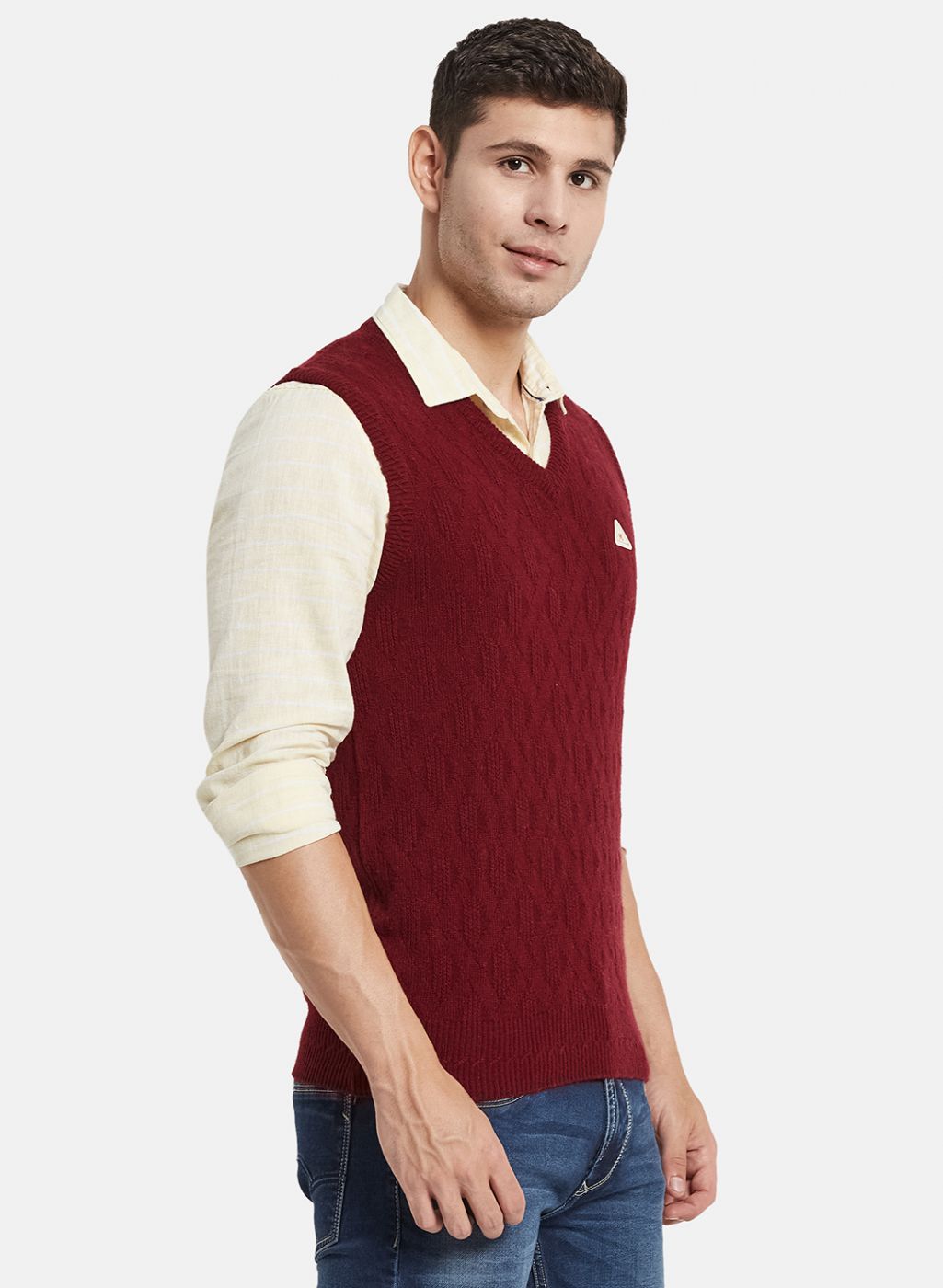 Men Maroon Self Design Sweater