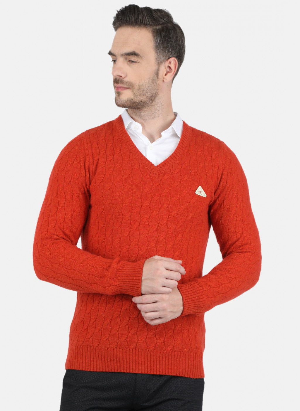 Men Orange Self Design Pullover