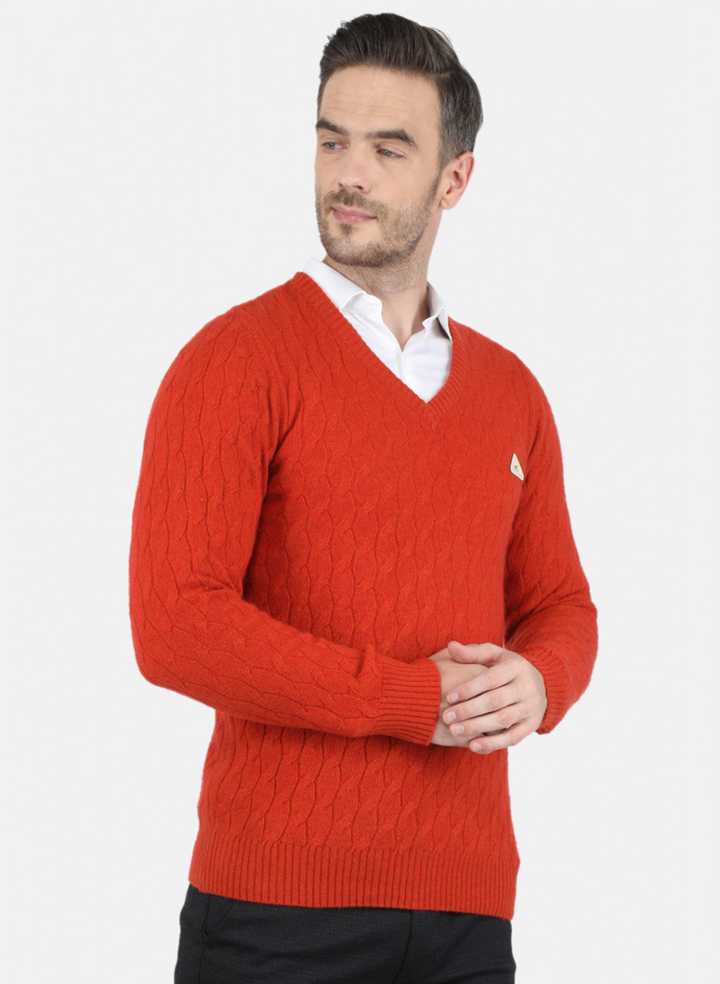 Men Orange Self Design Pullover