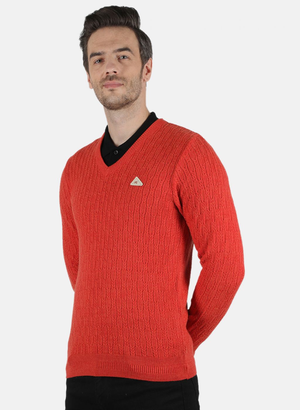 Men Orange Self Design Pullover