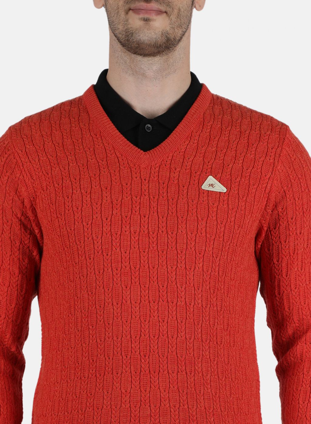 Men Orange Self Design Pullover