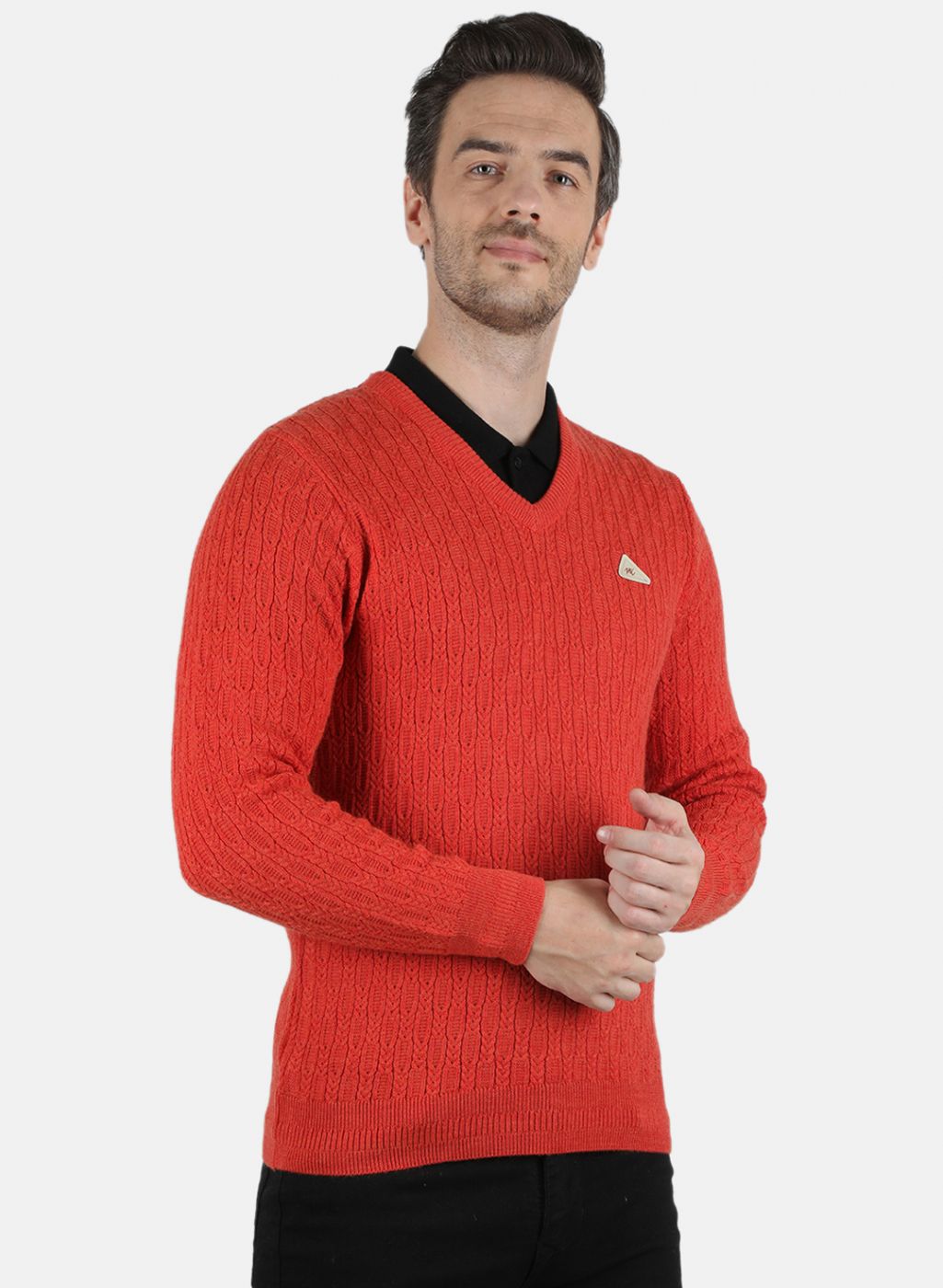 Men Orange Self Design Pullover