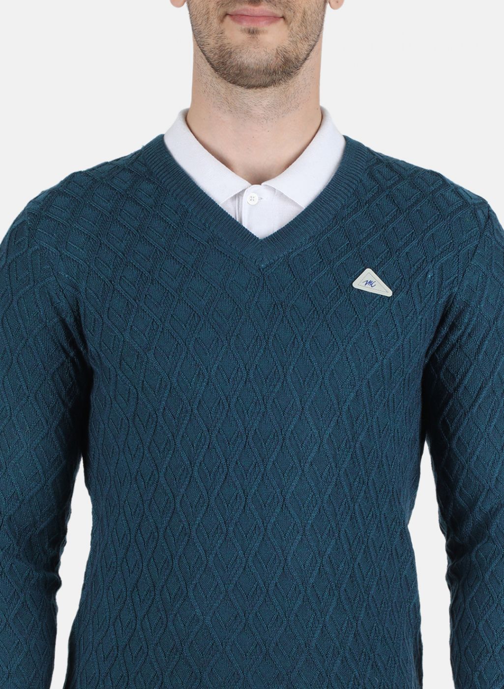 Men Teal Blue Self Design Pullover