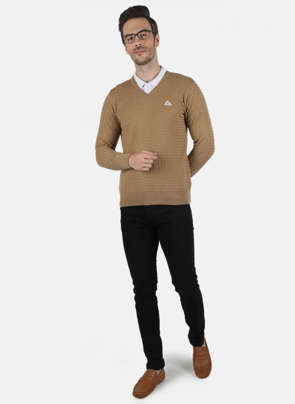 Men Beige Self Design Pullover
