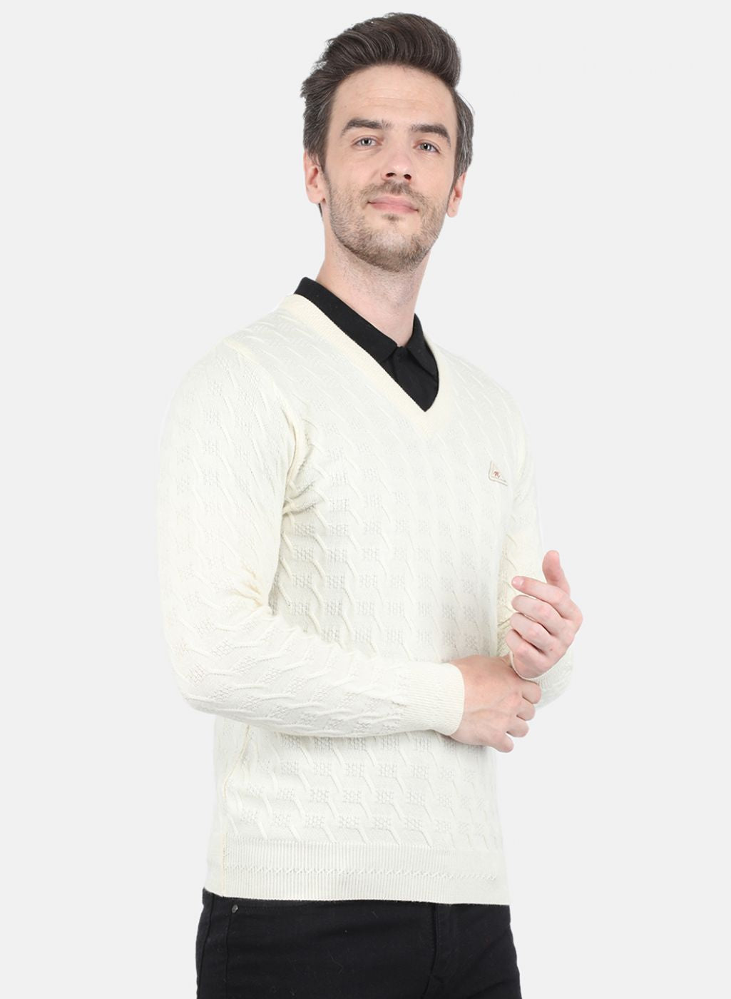 Men Off White Self Design Pullover