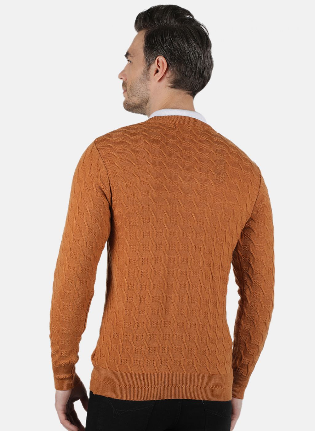 Men Orange Self Design Pullover
