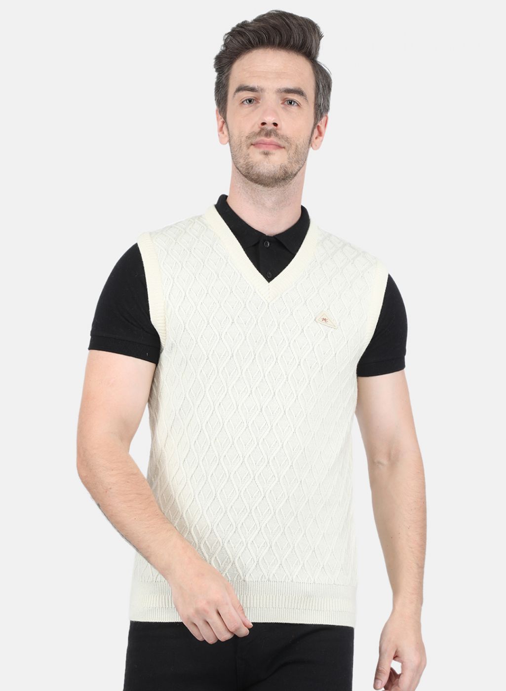 Men Off White Self Design Sweater