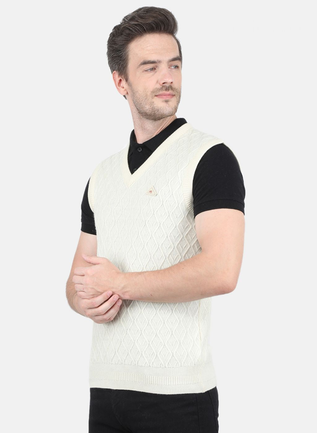 Men Off White Self Design Sweater