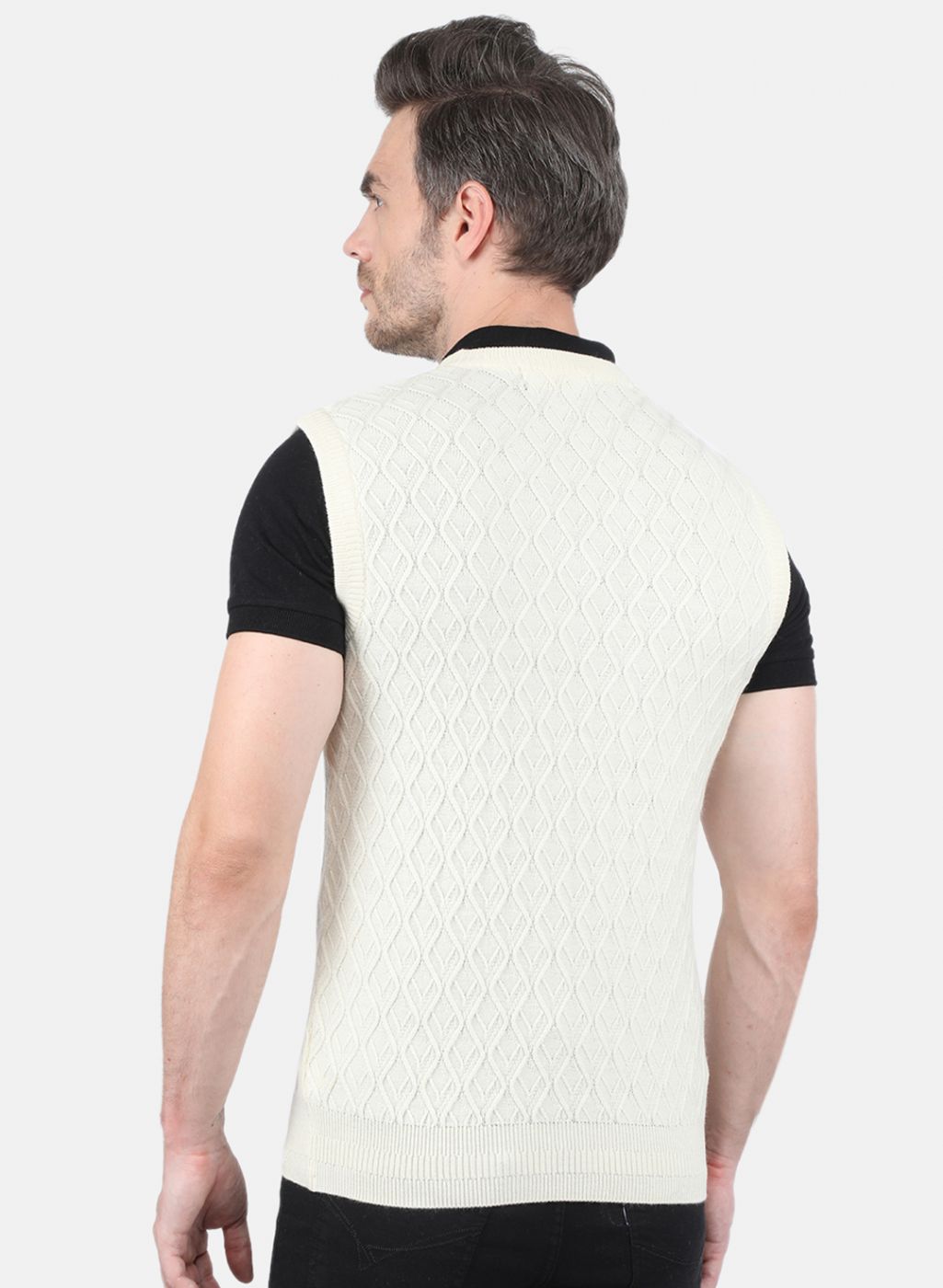 Men Off White Self Design Sweater