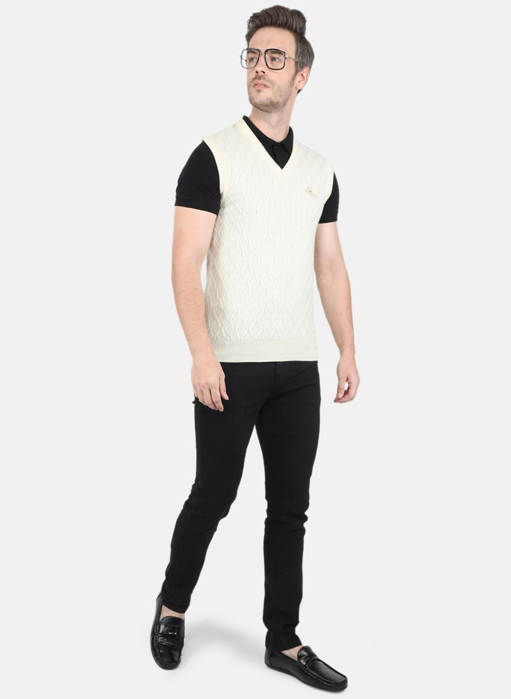 Men Off White Self Design Sweater