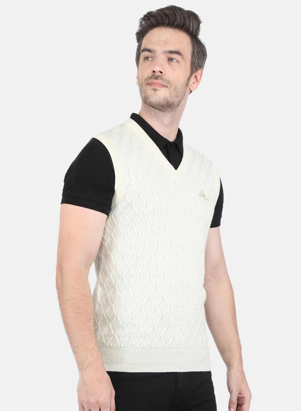 Men Off White Self Design Sweater