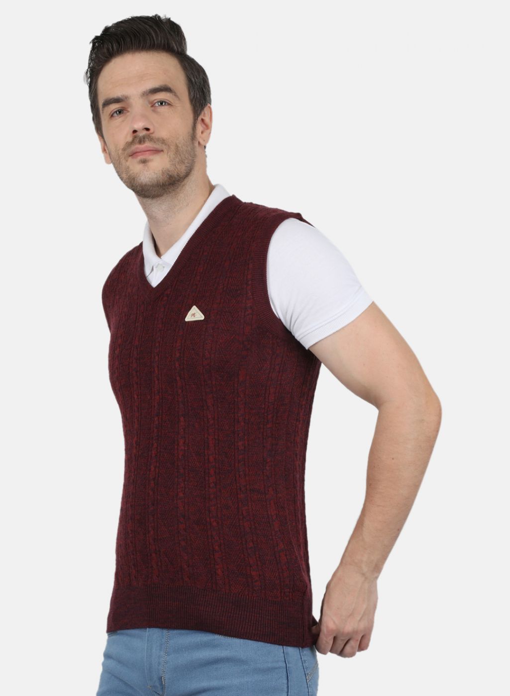 Men Maroon Self Design Sweater