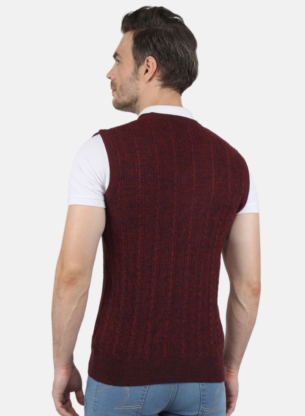 Men Maroon Self Design Sweater