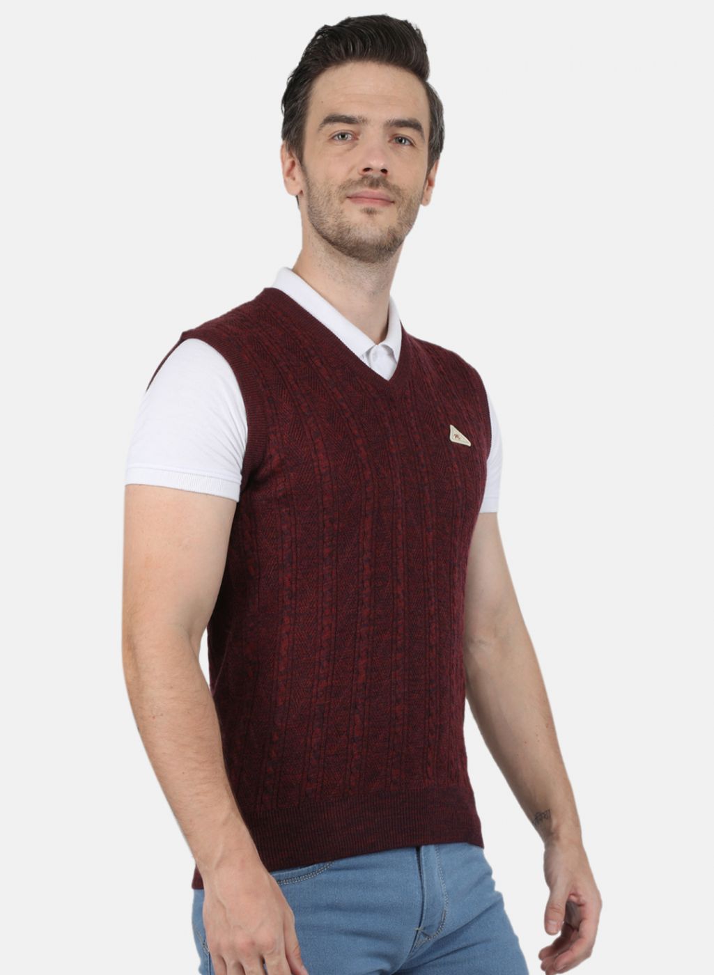 Men Maroon Self Design Sweater