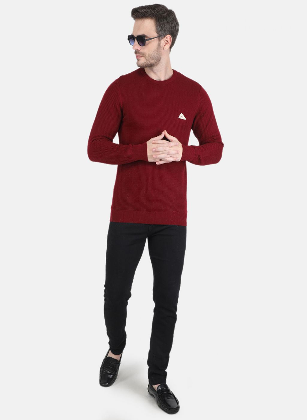 Men Maroon Self design Pullover
