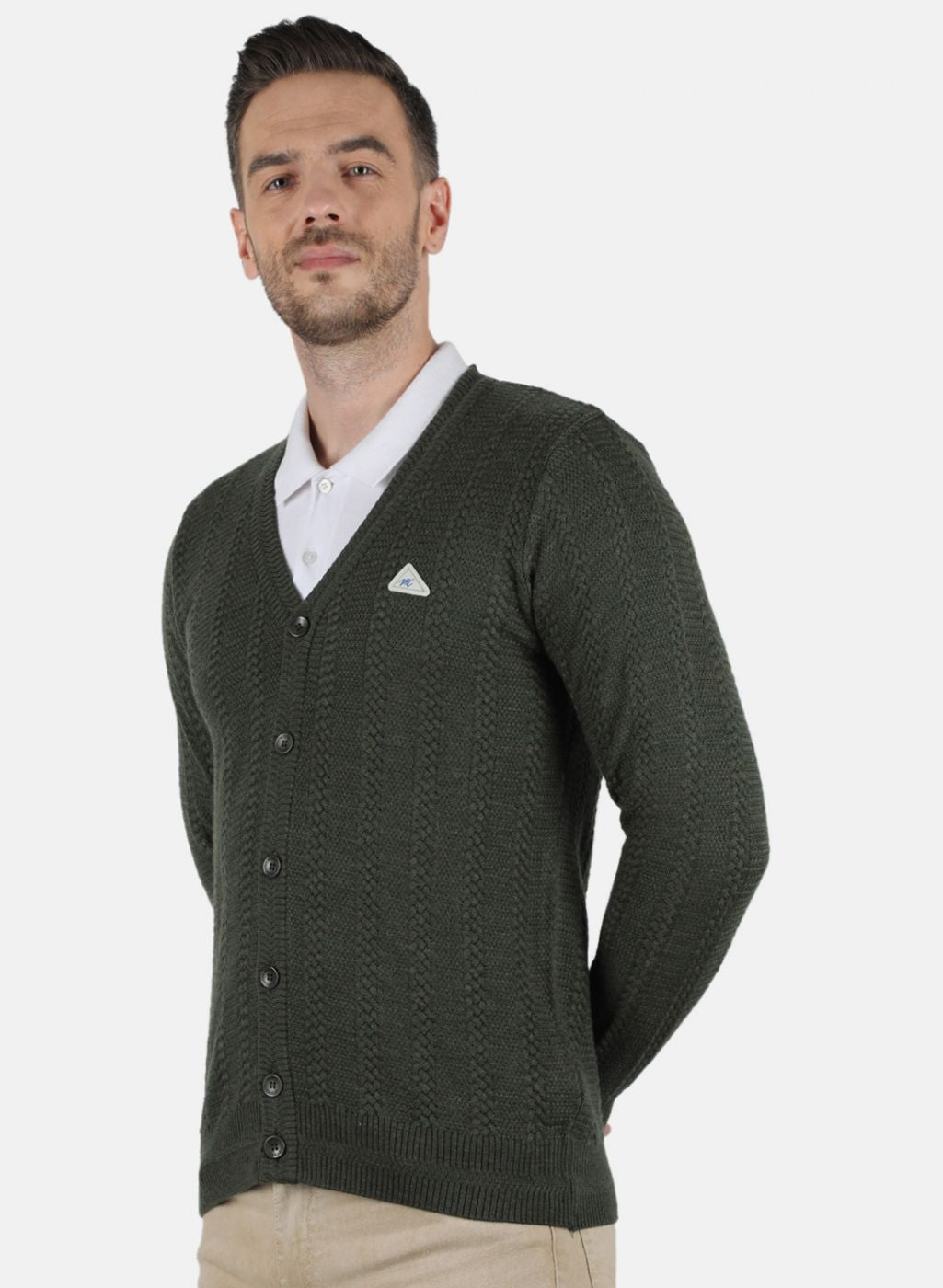 Men Olive Self Design Cardigan