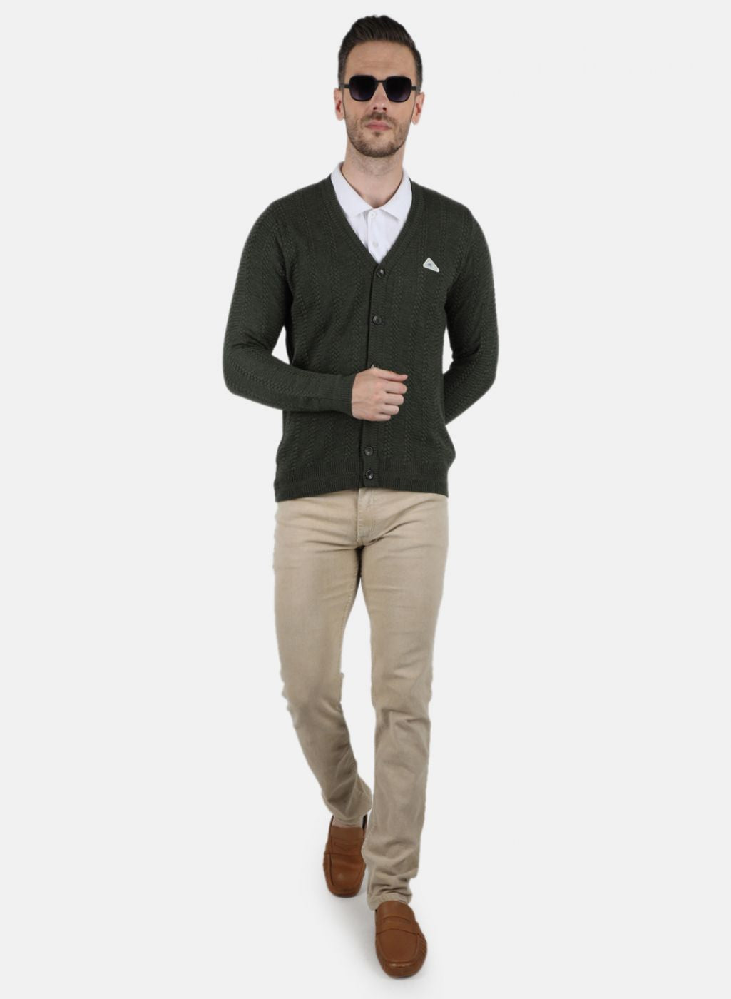 Men Olive Self Design Cardigan