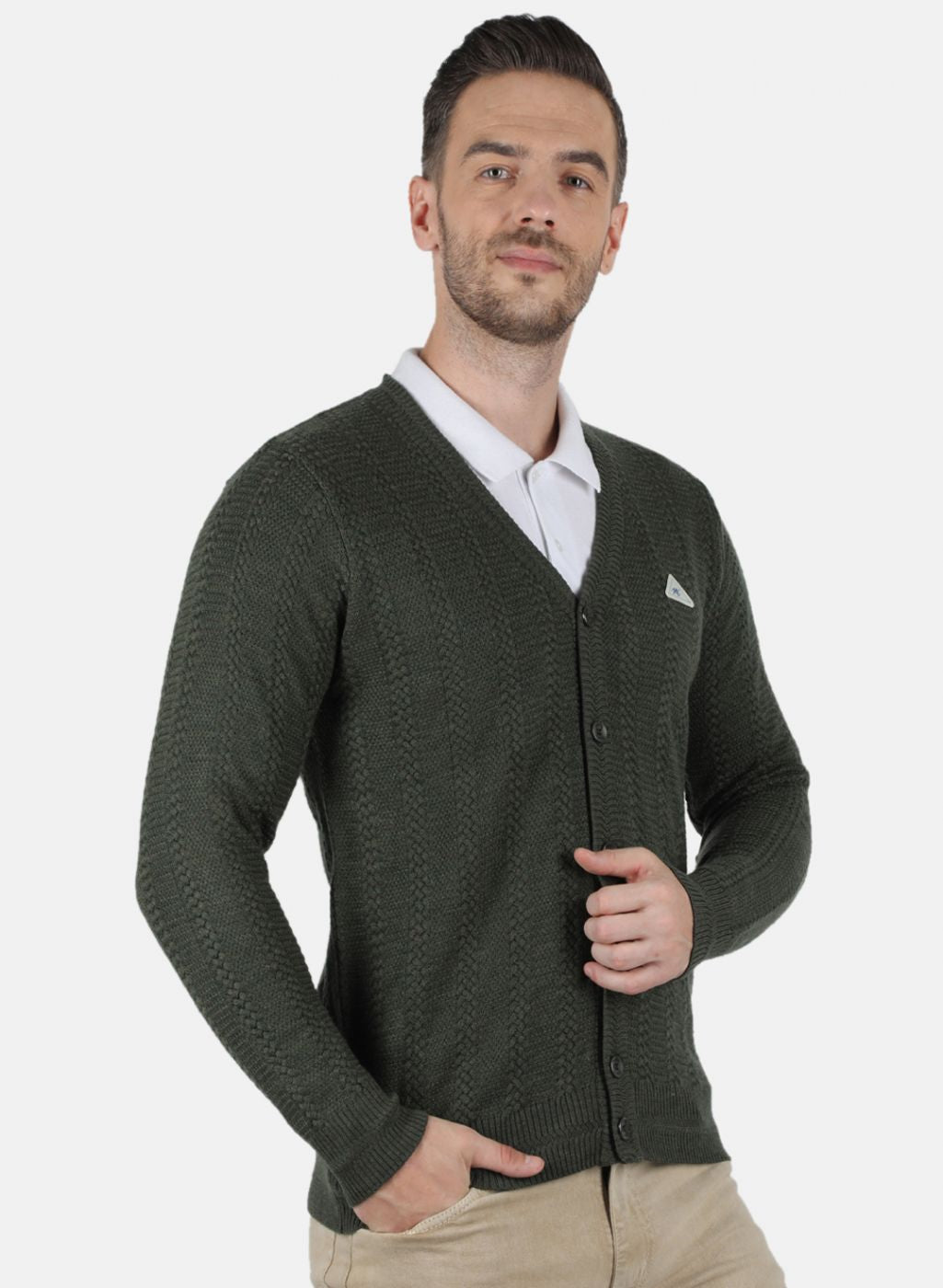 Men Olive Self Design Cardigan