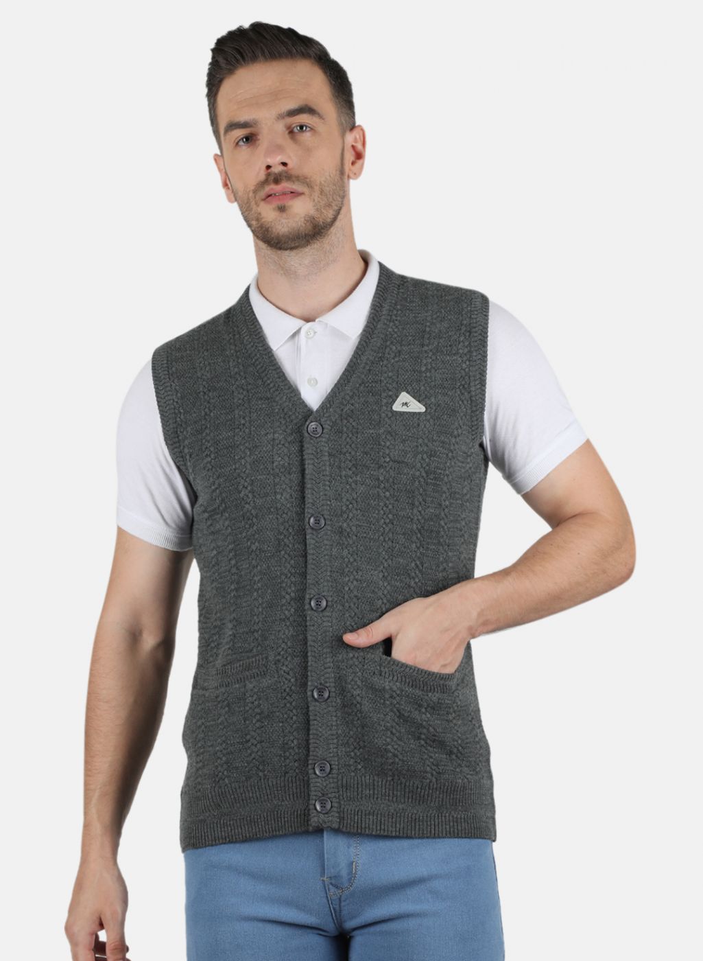 Men Grey Self Design Cardigan