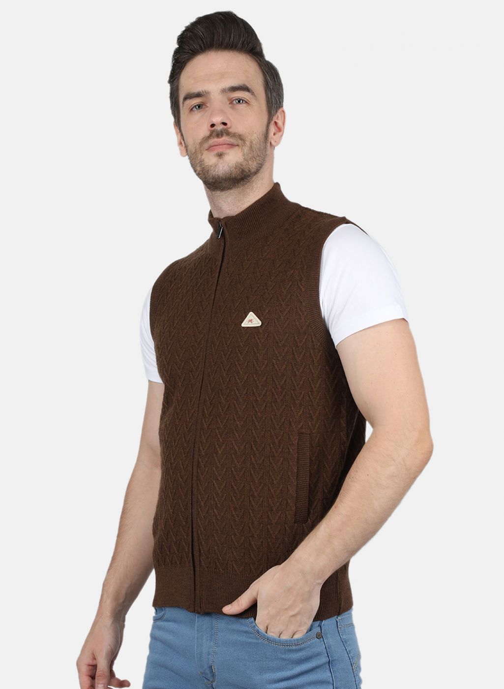 Men Brown Self Design Sweater