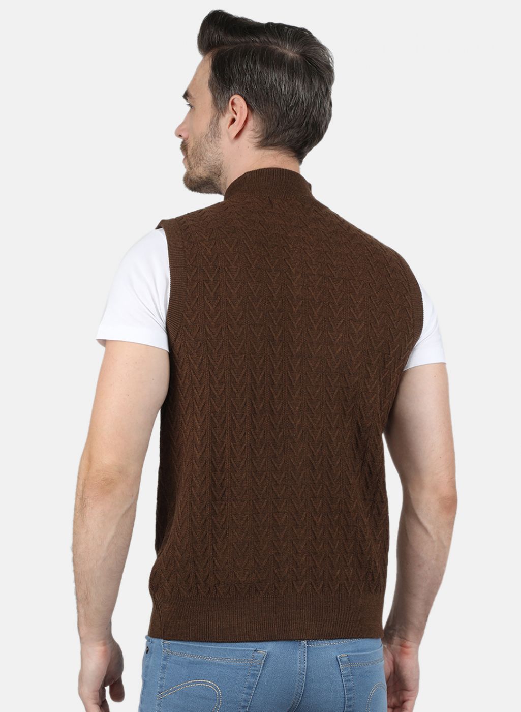 Men Brown Self Design Sweater