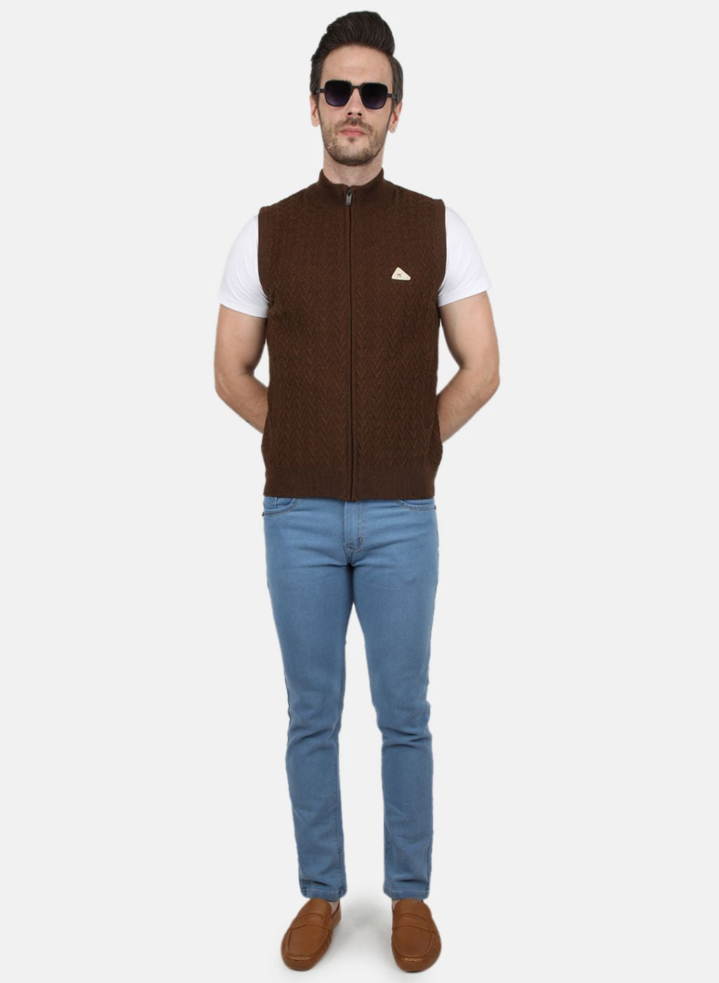 Men Brown Self Design Sweater