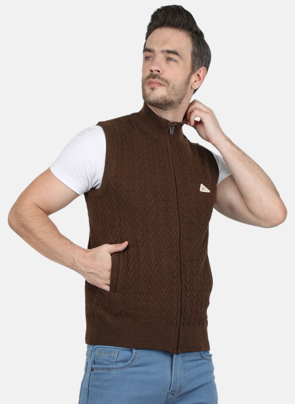 Men Brown Self Design Sweater