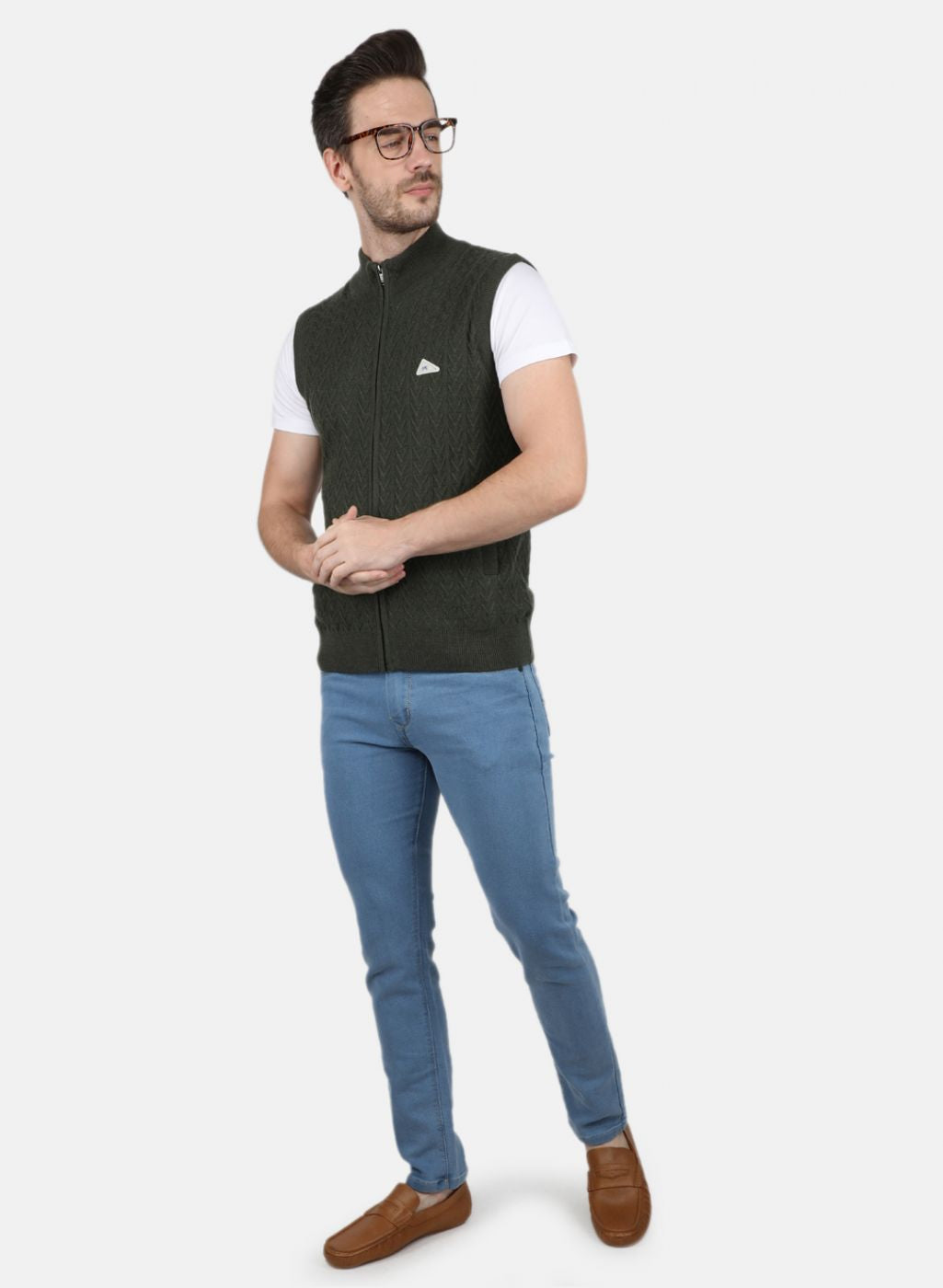 Men Olive Self Design Sweater