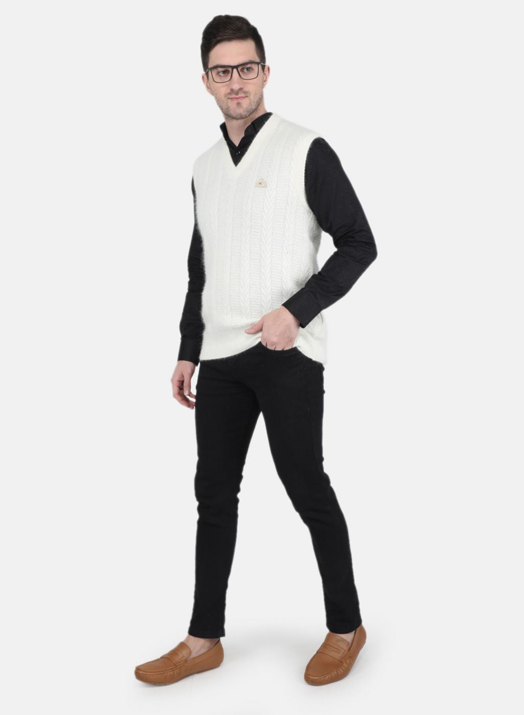 Men White Self Design Sweater