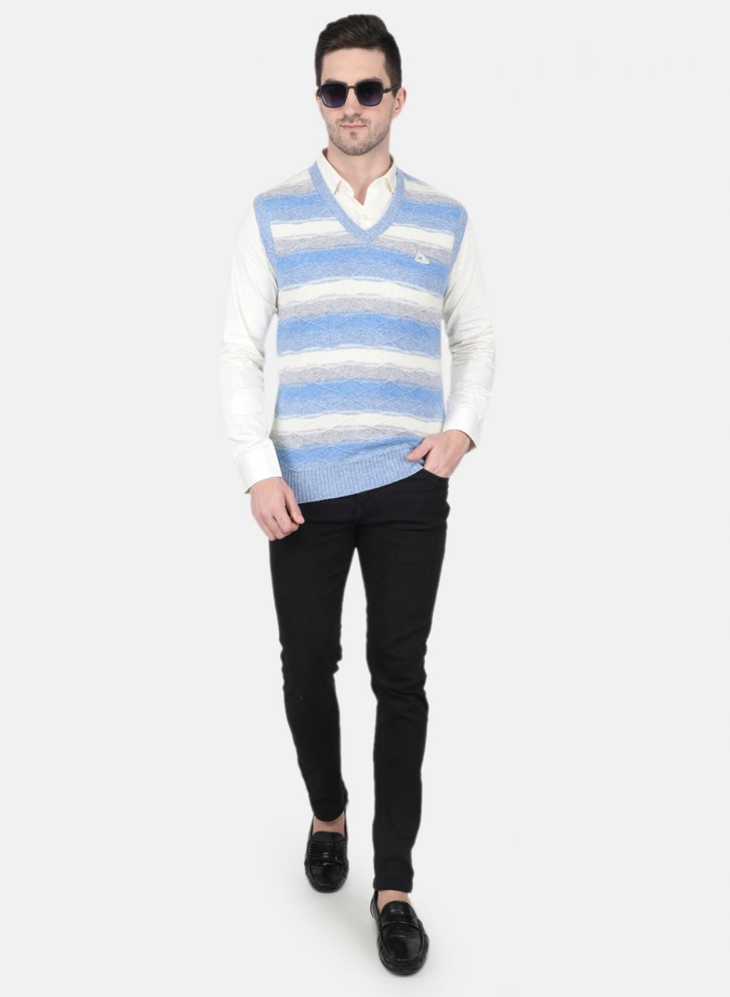 Men Blue Self Design Sweater