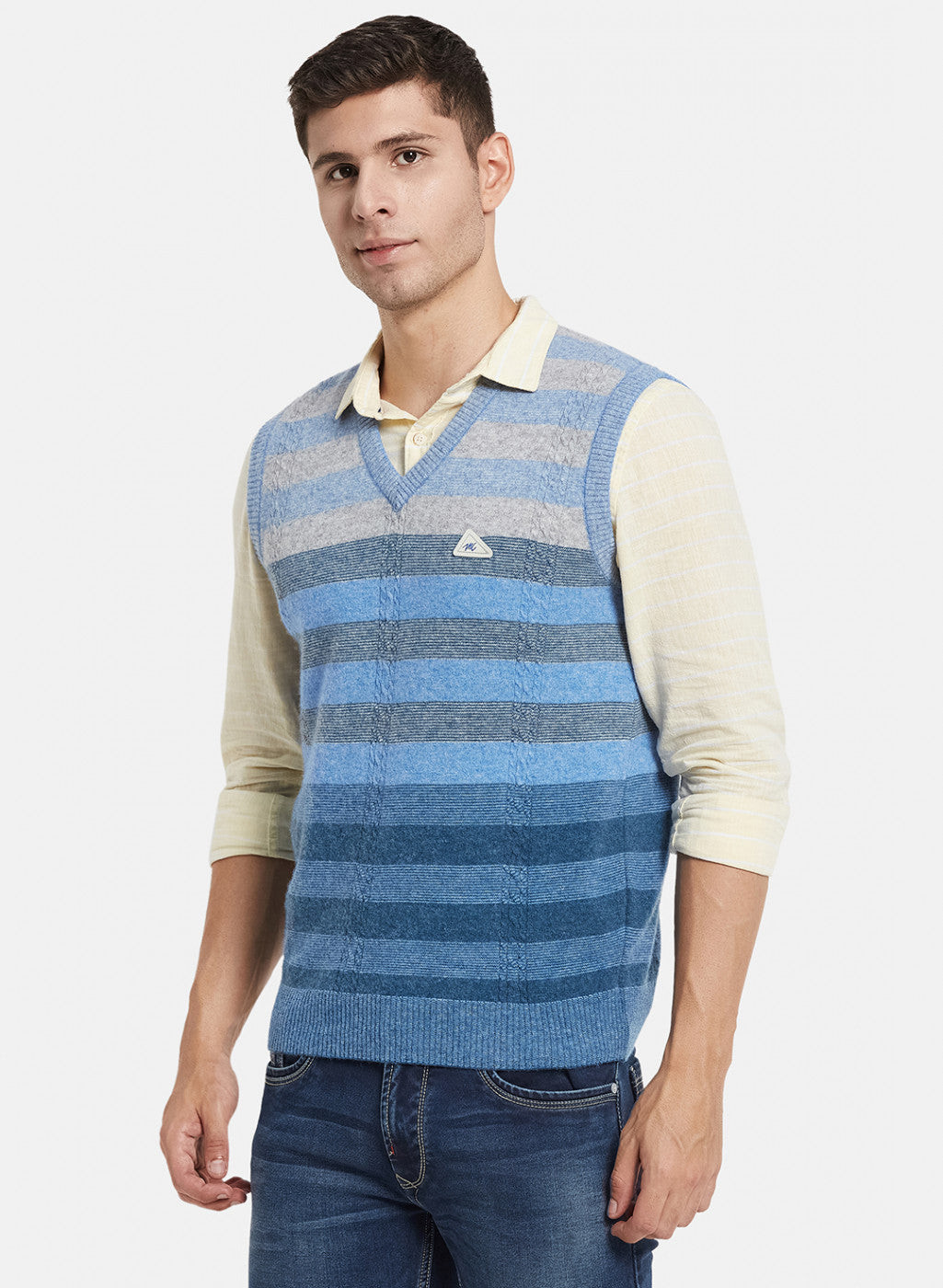 Men Sky Blue Self Design Sweater