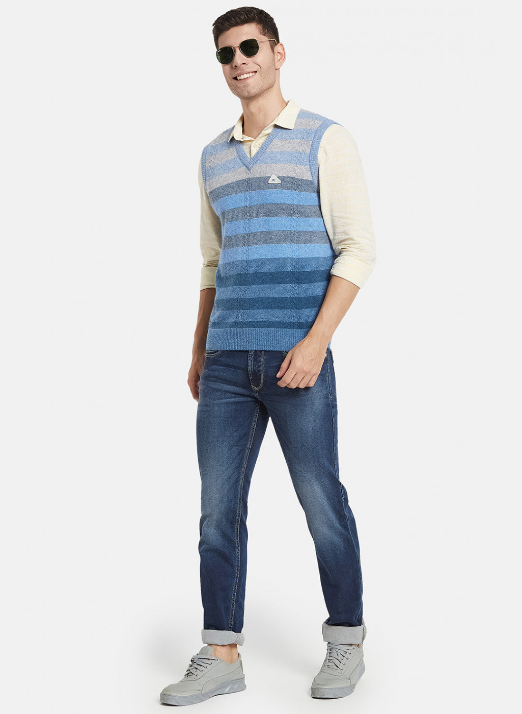 Men Sky Blue Self Design Sweater