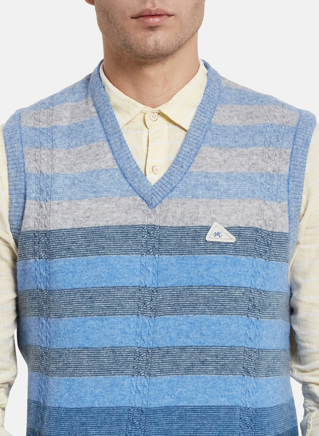 Men Sky Blue Self Design Sweater