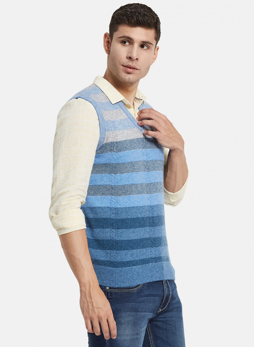 Men Sky Blue Self Design Sweater