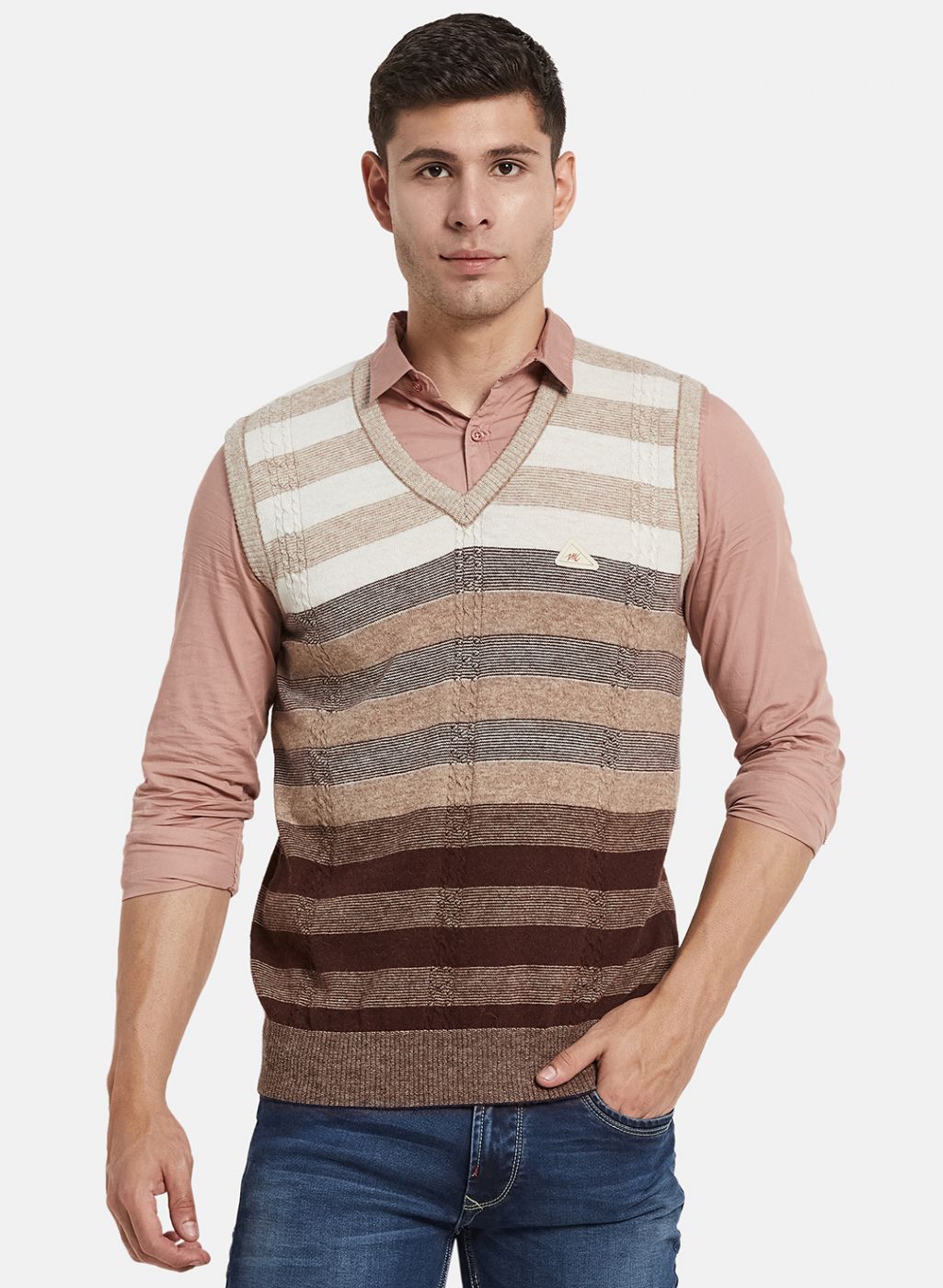 Men Brown Self Design Sweater
