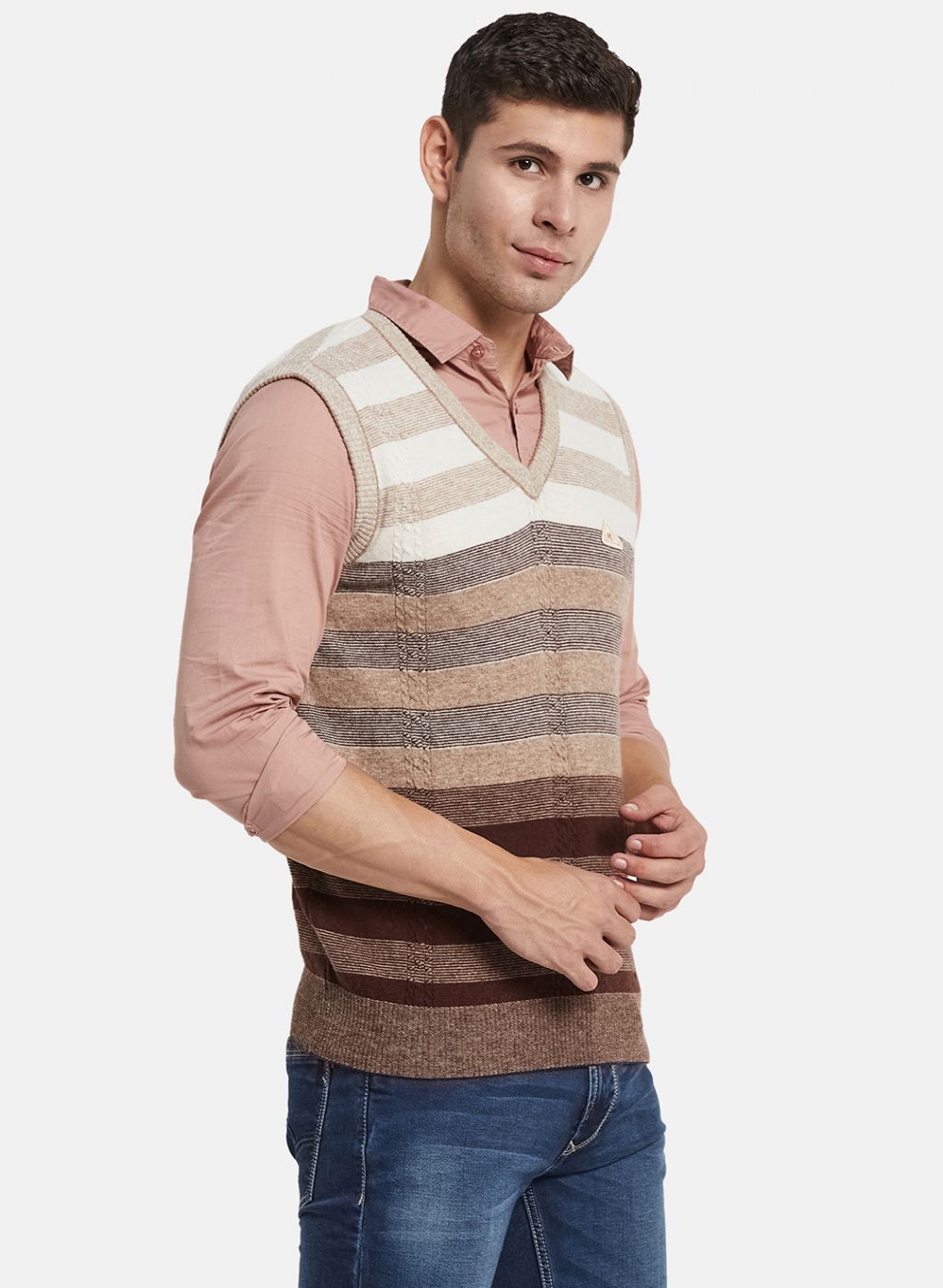 Men Brown Self Design Sweater