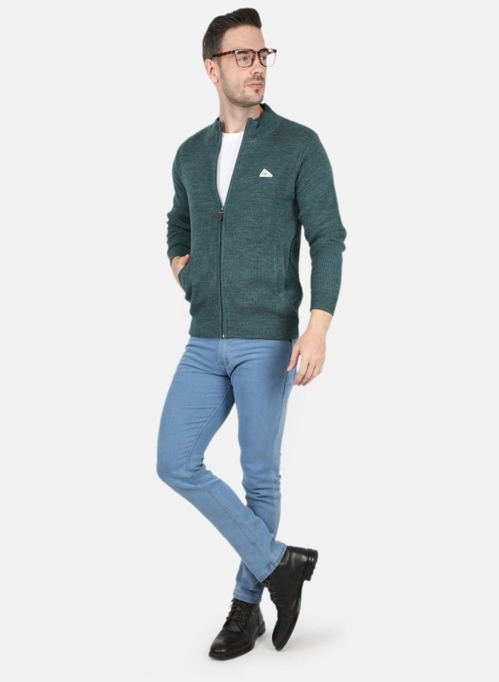 Men Green Self Design Pullover