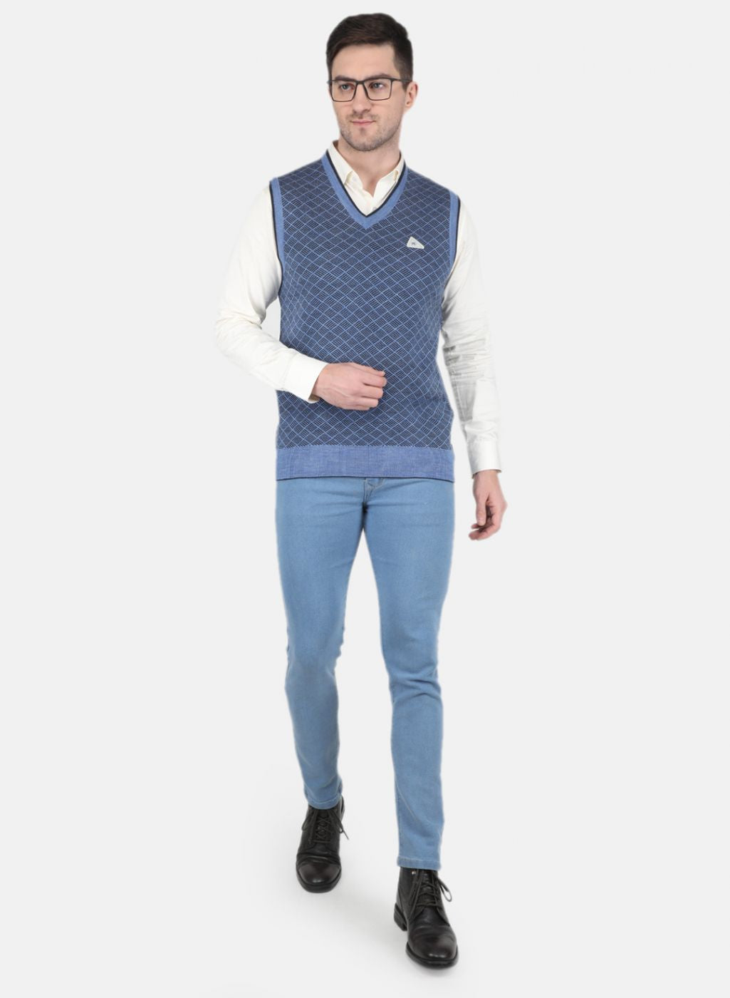 Men Blue Self Design Sweater