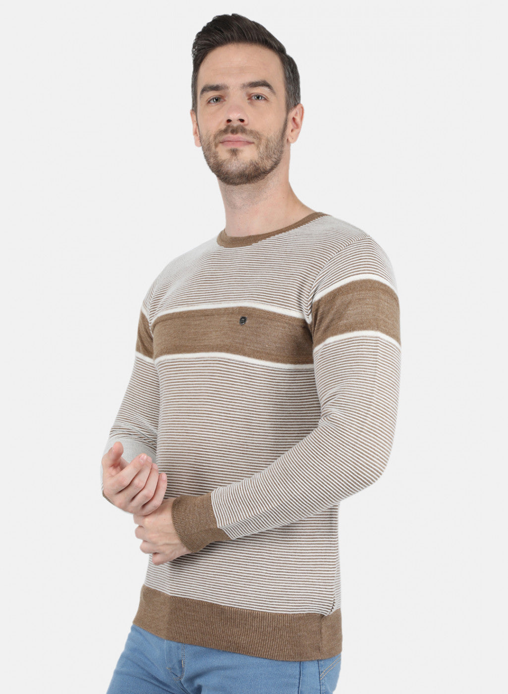 Men Light Brown Self Design Pullover