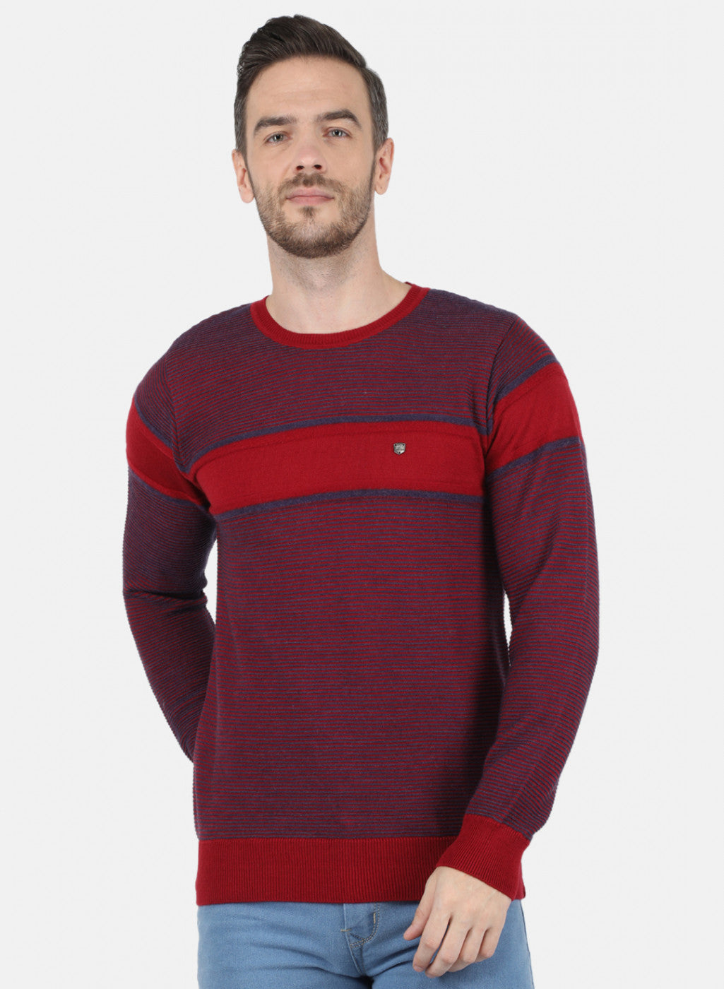 Men Maroon Self Design Pullover