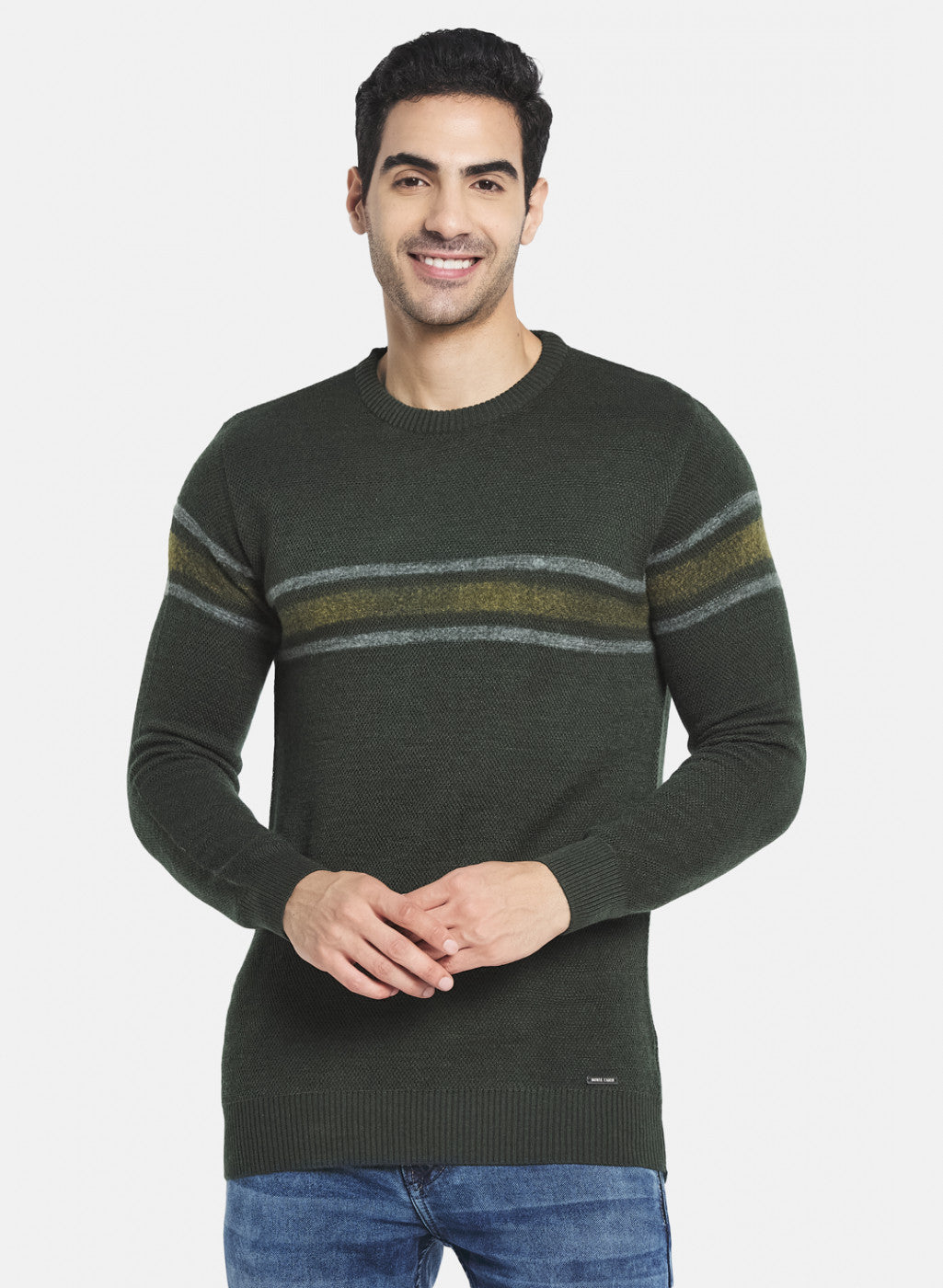 Men Green Self Design Pullover