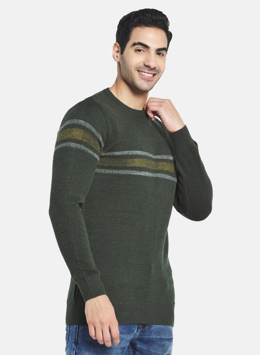 Men Green Self Design Pullover