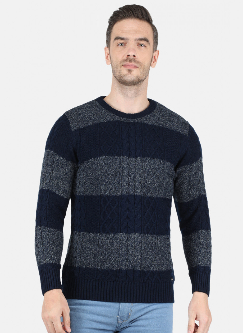 Men NAvy Blue Self Design Pullover