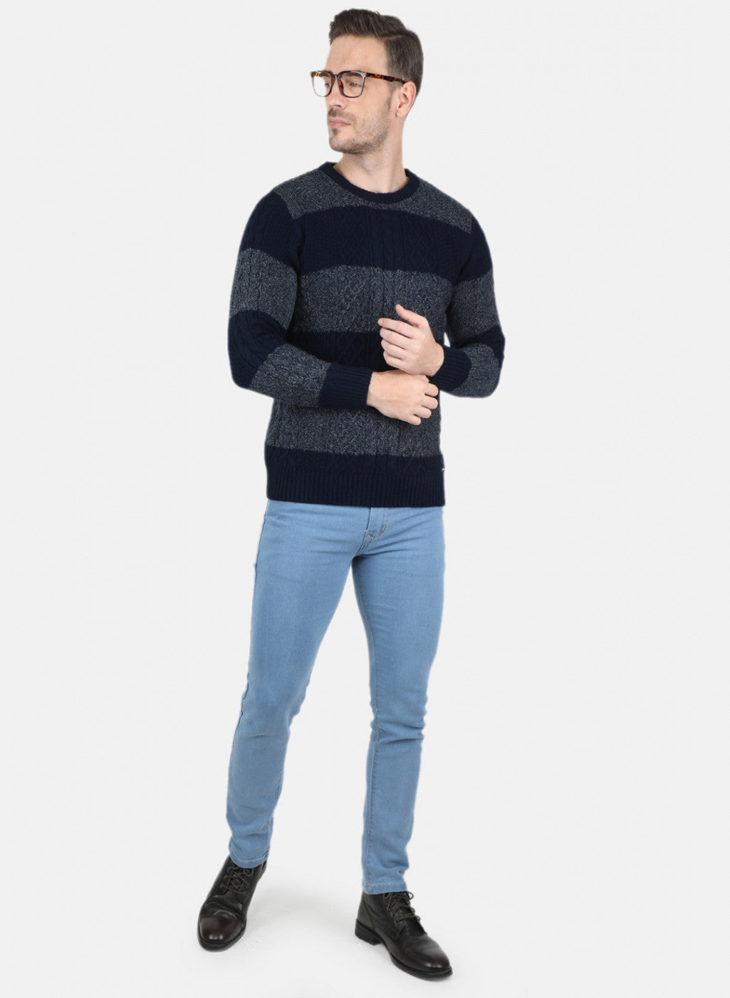 Men NAvy Blue Self Design Pullover