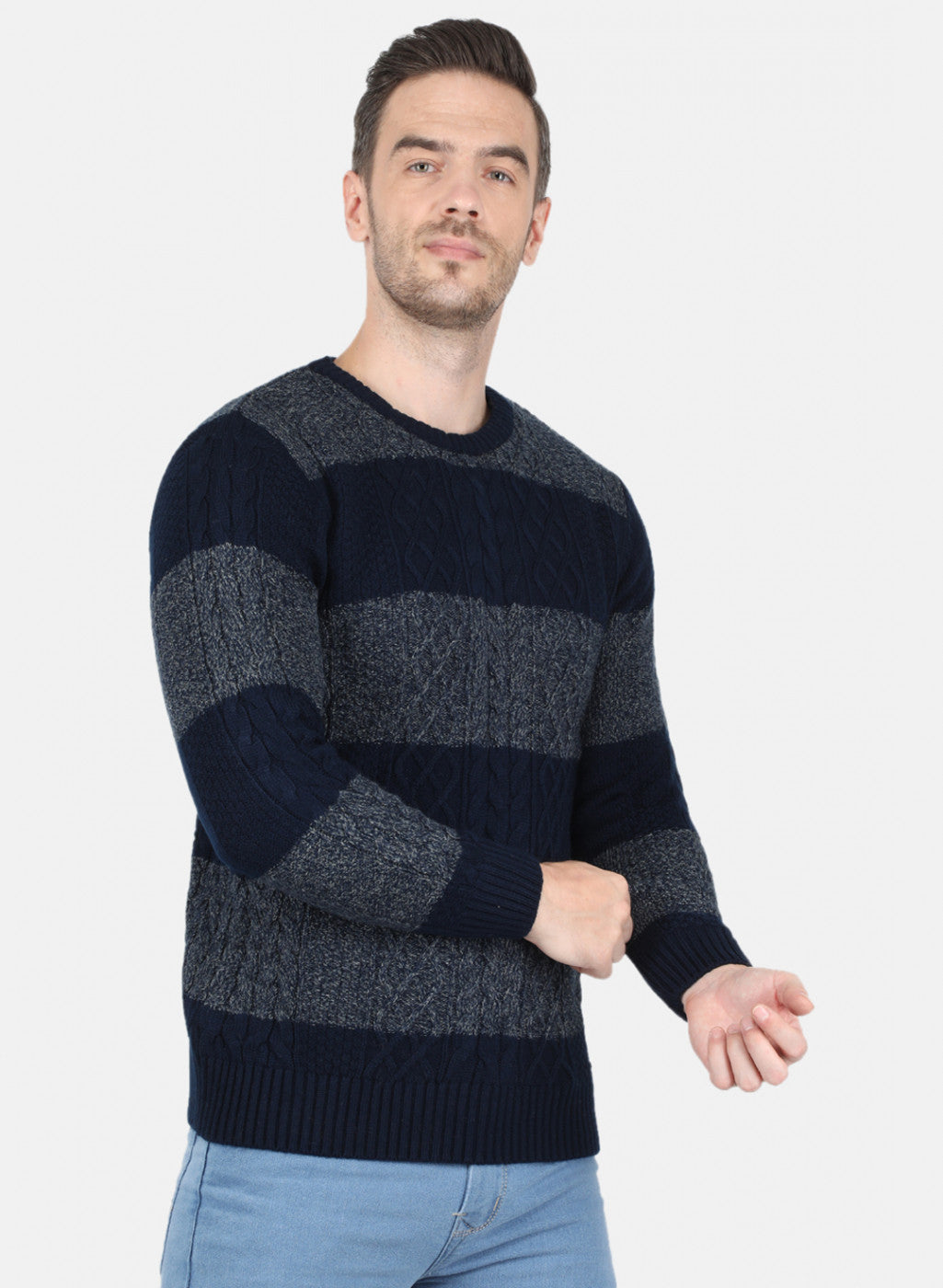 Men NAvy Blue Self Design Pullover