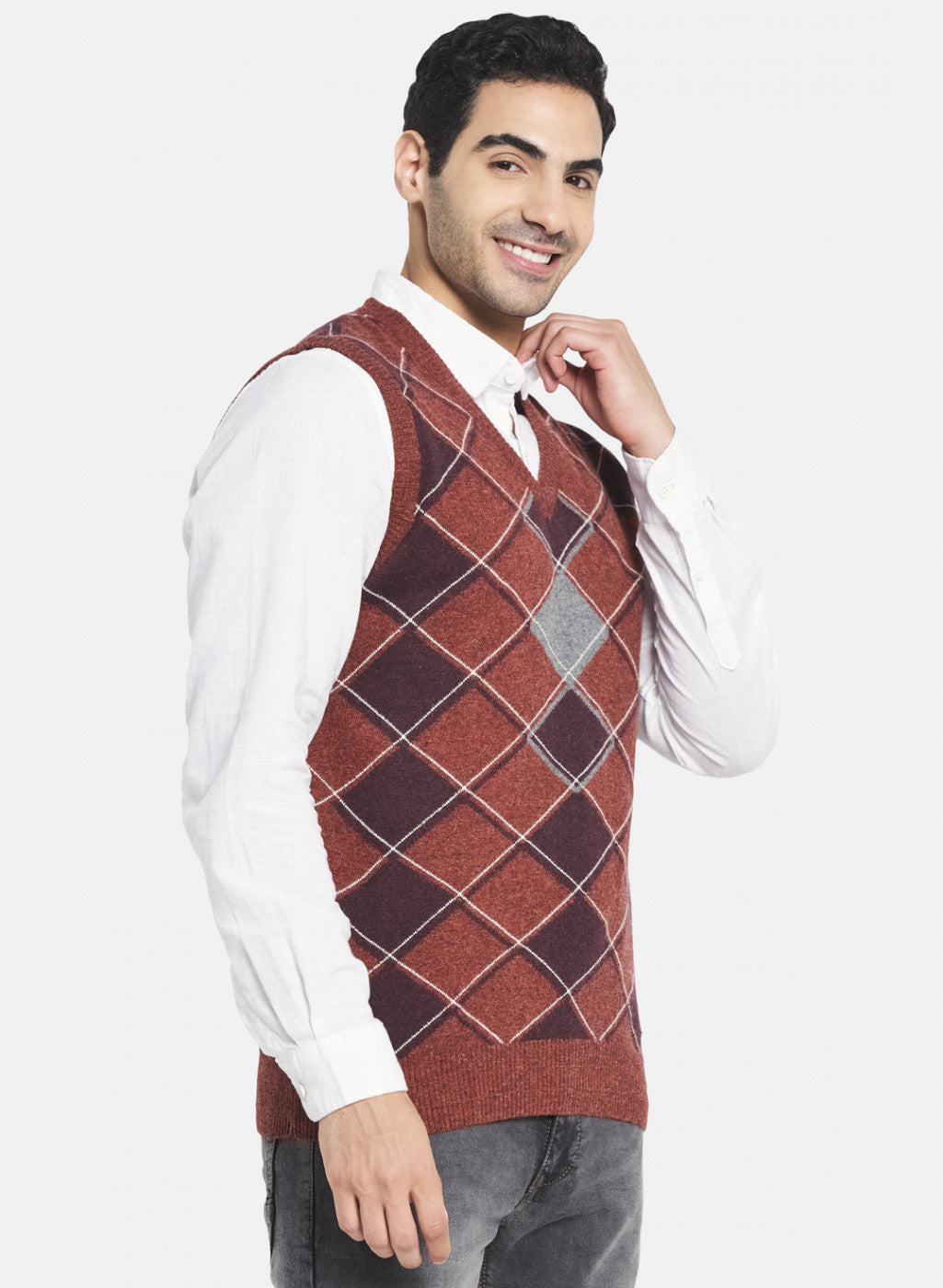 Men Rust Brown Printed Sweater